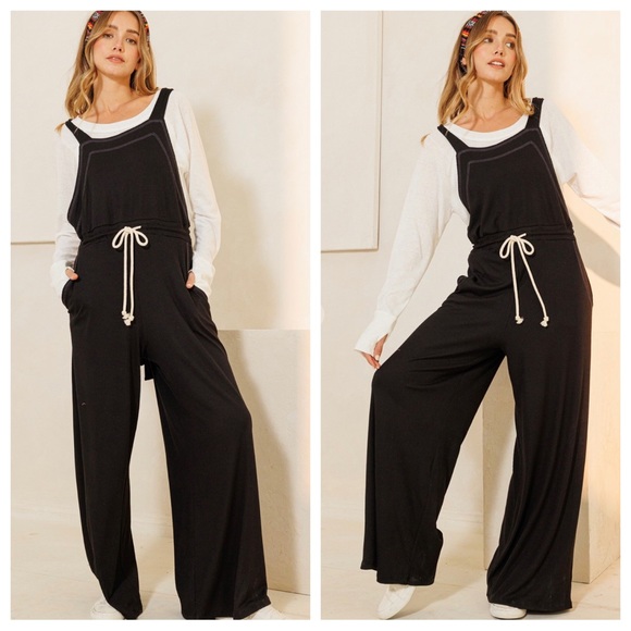 07 Fabulous Ribbed Knit Wide Leg Tie at Waist Jumpsuit - Picture 3 of 3